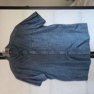 Kuhl Men's Medium short sleeve blue with gold and white stripes shirt.